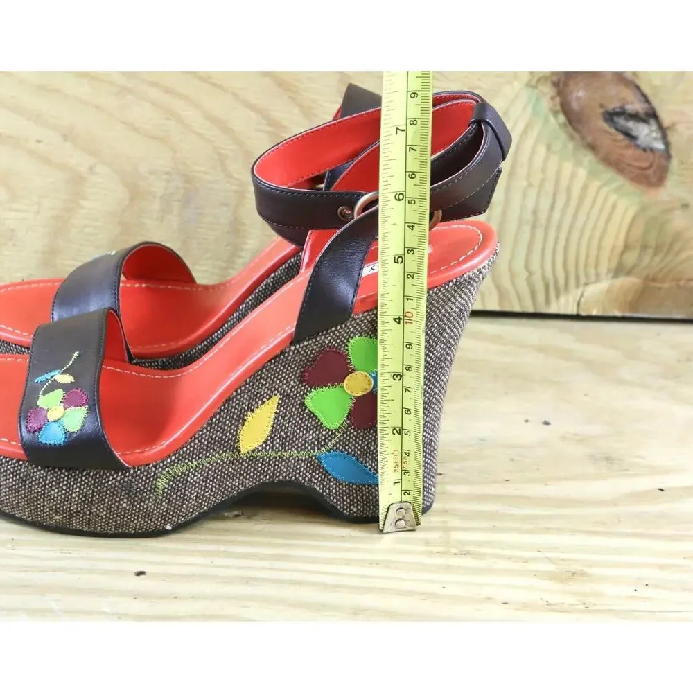 New Tommy Girl Shoes 10M Platform Tweed Floral Embroidered Leather Sandals Shoes